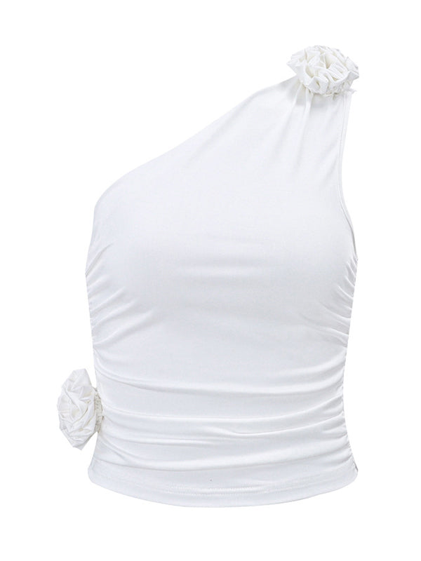 Skinny Sleeveless Asymmetric Pleated Solid Color Three-Dimensional Flower One-Shoulder Vest Top
