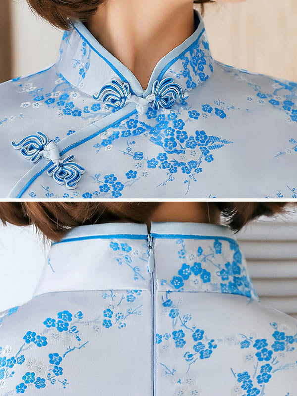 Plum Blossom Print Stand Collar Short Cheongsam