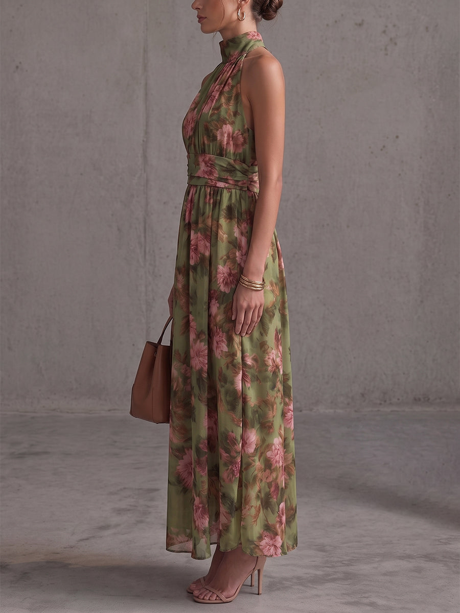 High Waisted Sleeveless Buttoned Flower Print Pleated Halter-Neck Maxi Dresses