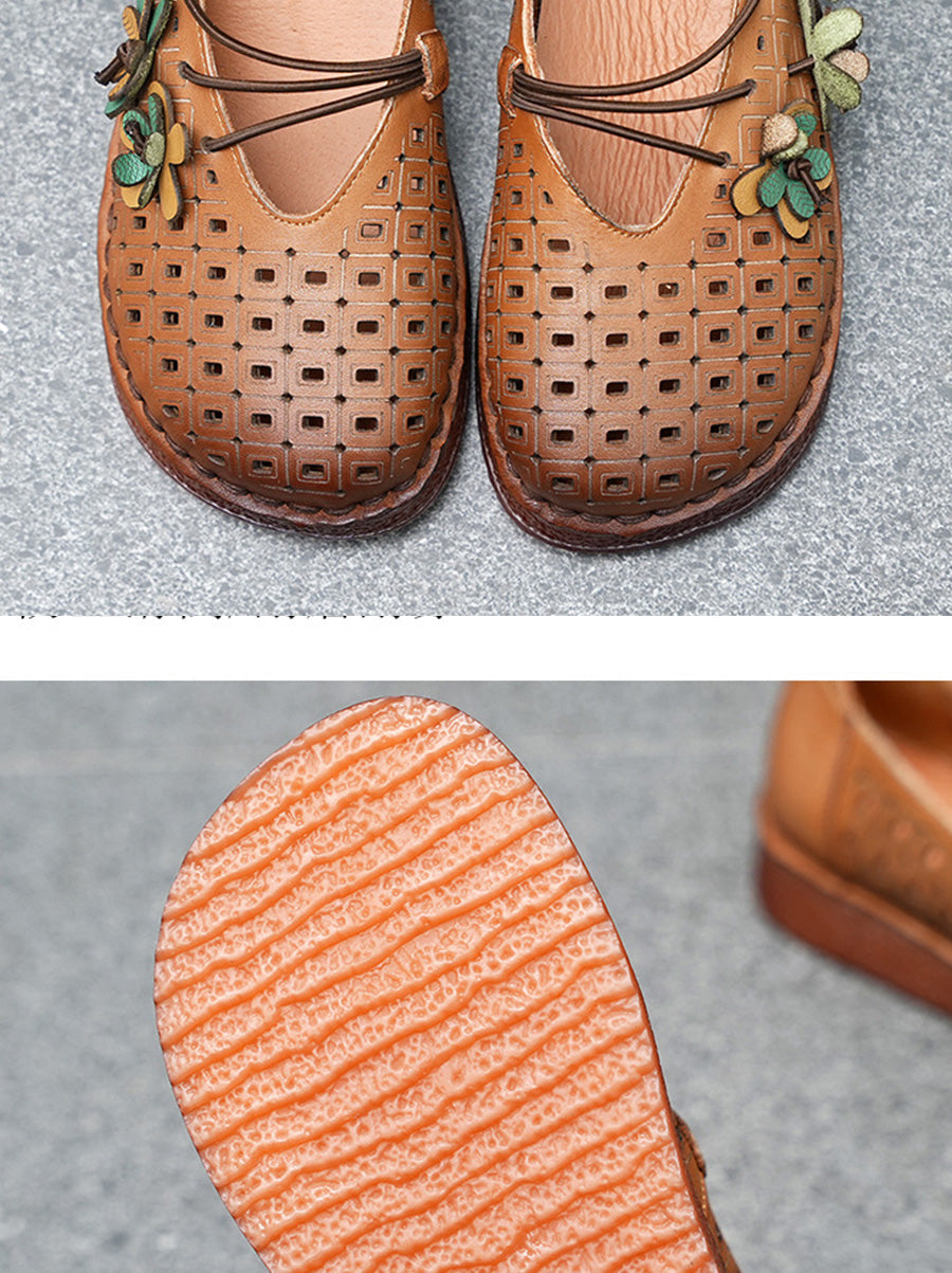 Women Summer Leather Flower Spliced Low Heel Shoes