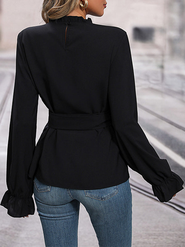 Flared Sleeves Long Sleeves Elasticity Pleated Solid Color Tied Round-Neck Blouses&Shirts Tops
