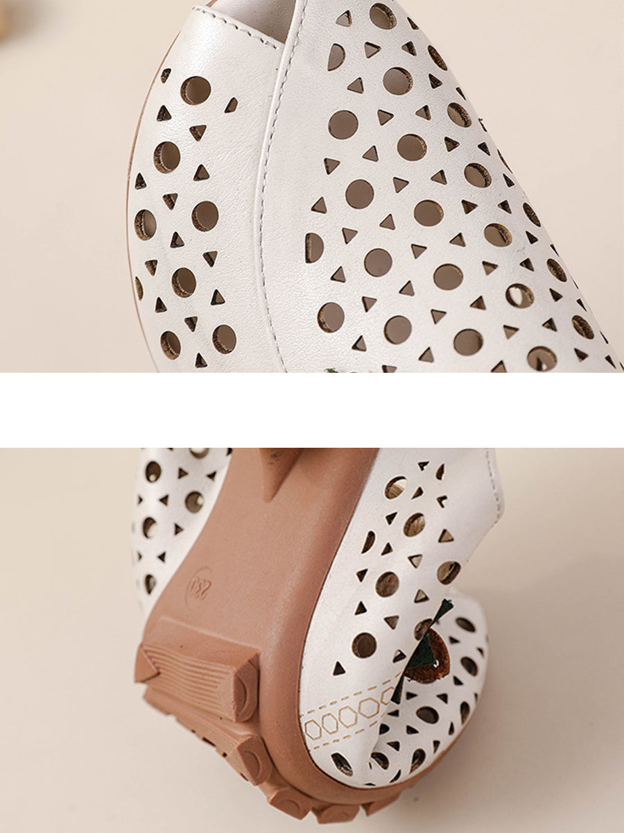 Women Summer Genuine Leather Flower Mid Heel Slippers