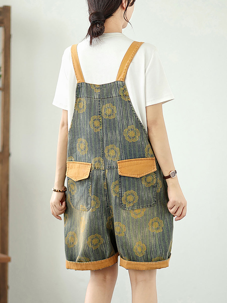 Women Summer Flower Colorblock Denim Short Jumpsuits