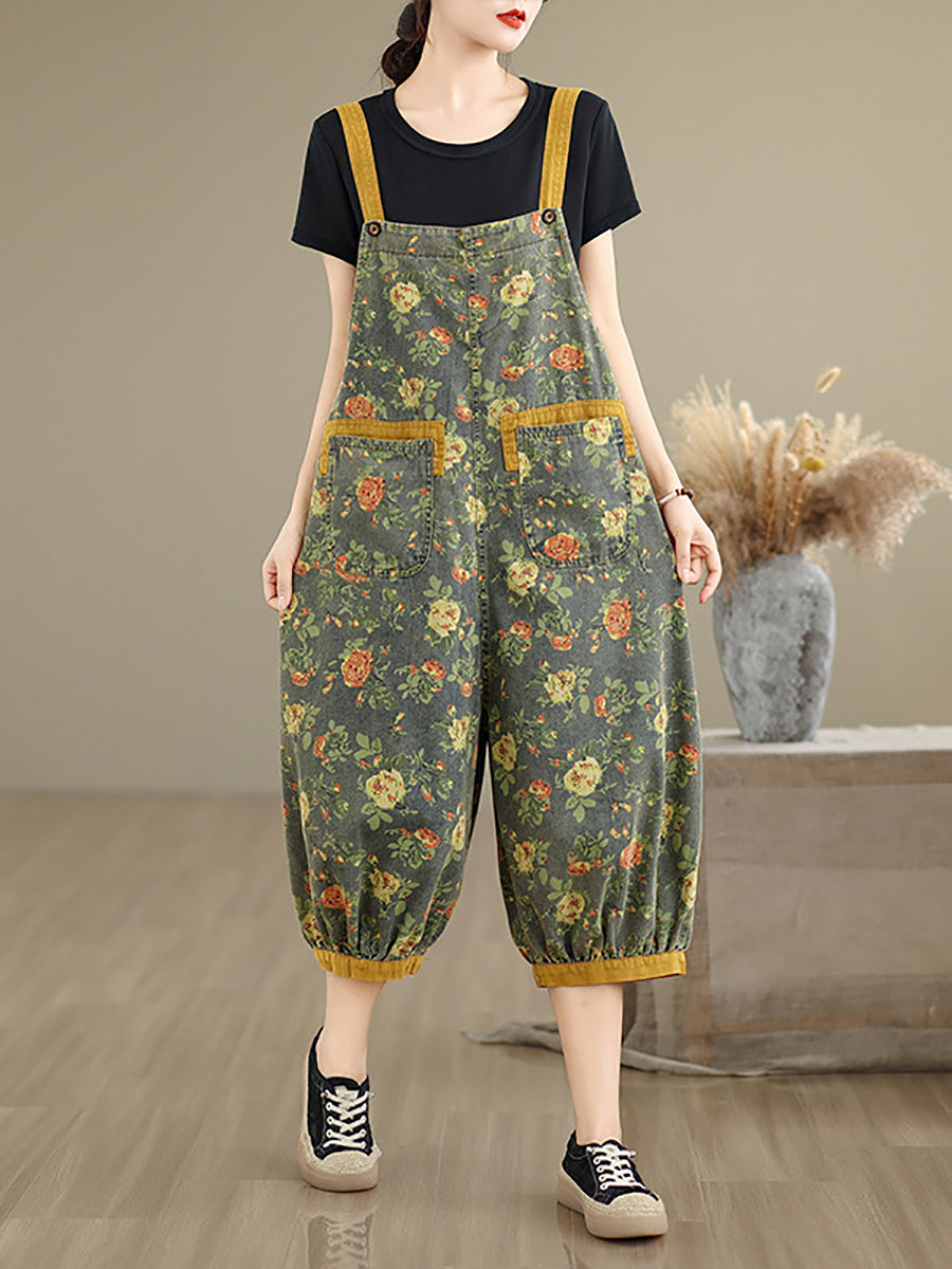 Women Summer Flower Denim Cropped Jumpsuits