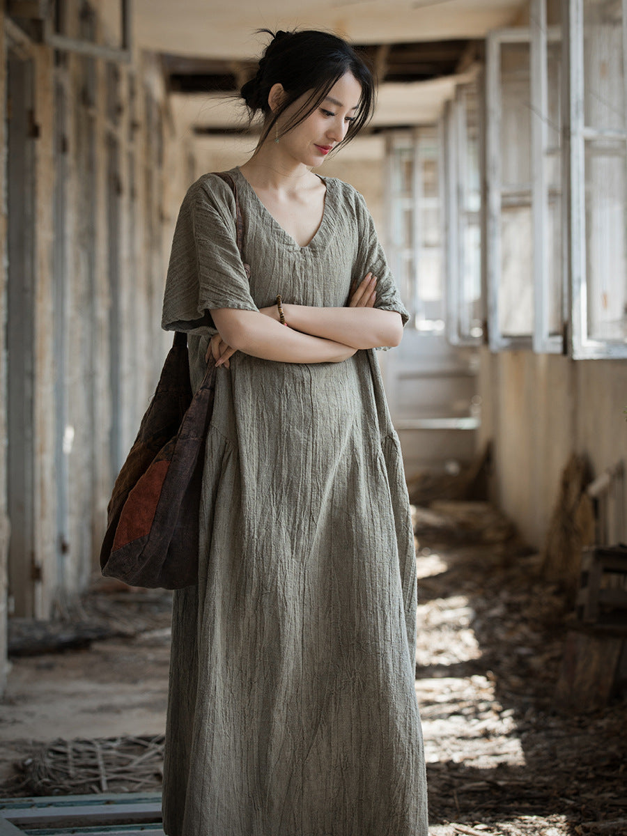 Women Summer Women Summer V-Neck Linen Dress