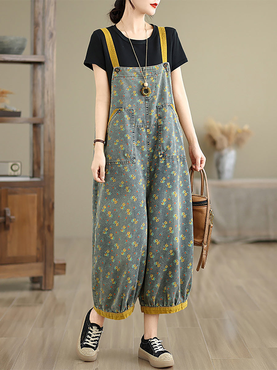 Women Summer Casual Floral Denim Wide-leg Jumpsuits
