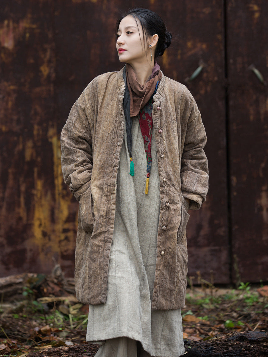 Women Winter Ethnic Solid Ramie Padded Long Coat