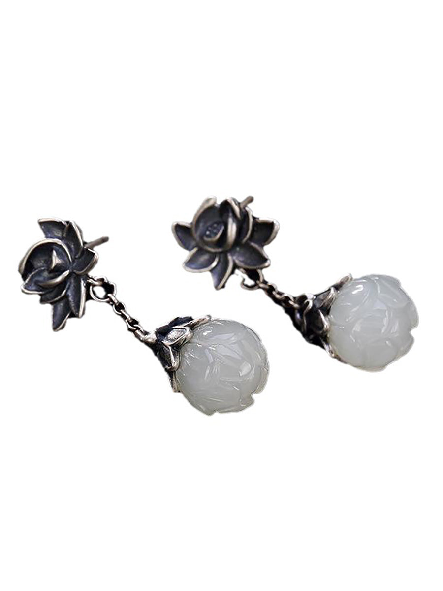Women Vintage Allot Lotus Jade Earrings