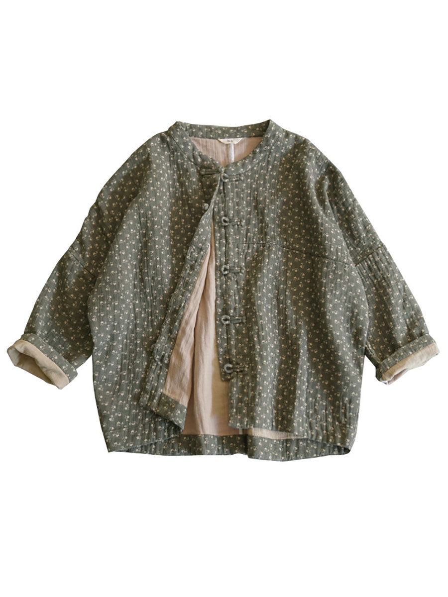 Plus Size Women Ethnic Autumn Floral Button-up Cotton Coat