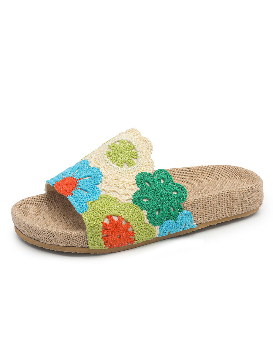 Women Summer Linen Knitted Flower Spliced Slippers