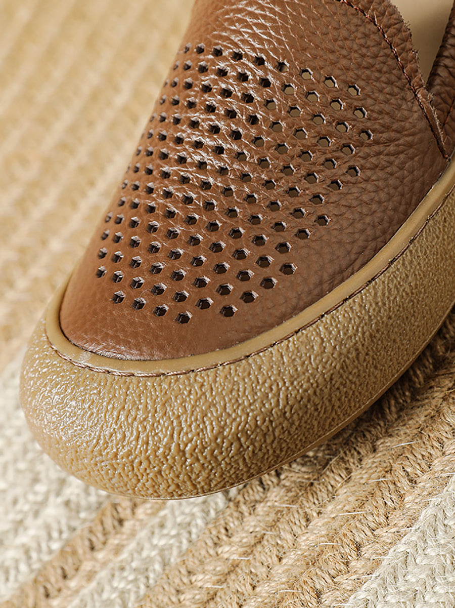 Women Summer Hollow Out Leather Flat Shoes