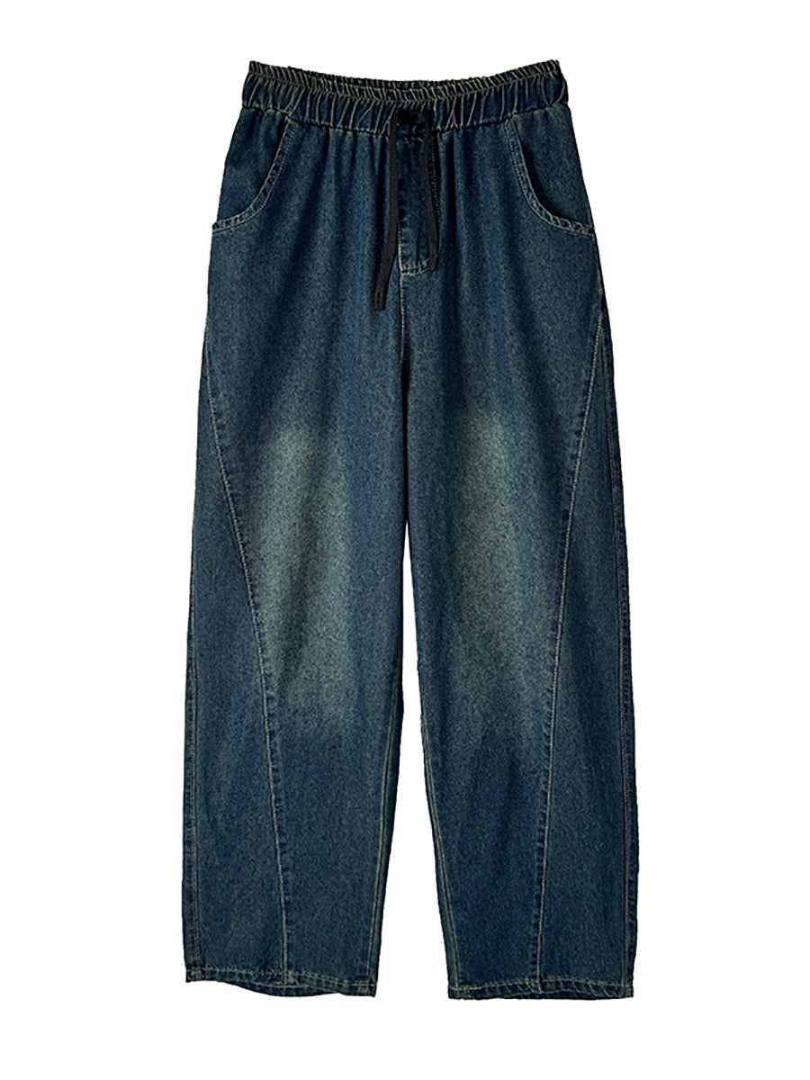 Women Casual Pure Color Denim Spliced Straight Pants