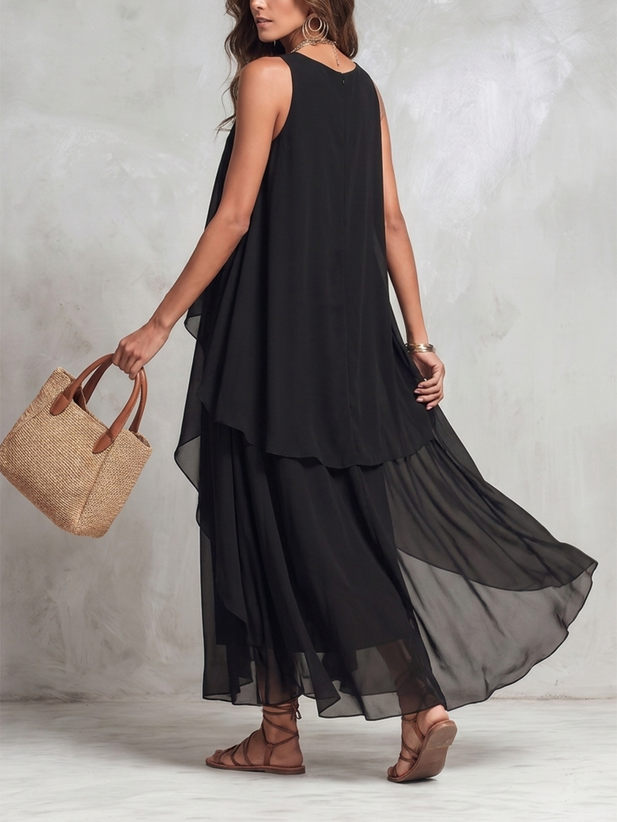 A-Line Loose Layered Solid Color Round-Neck Maxi Dresses