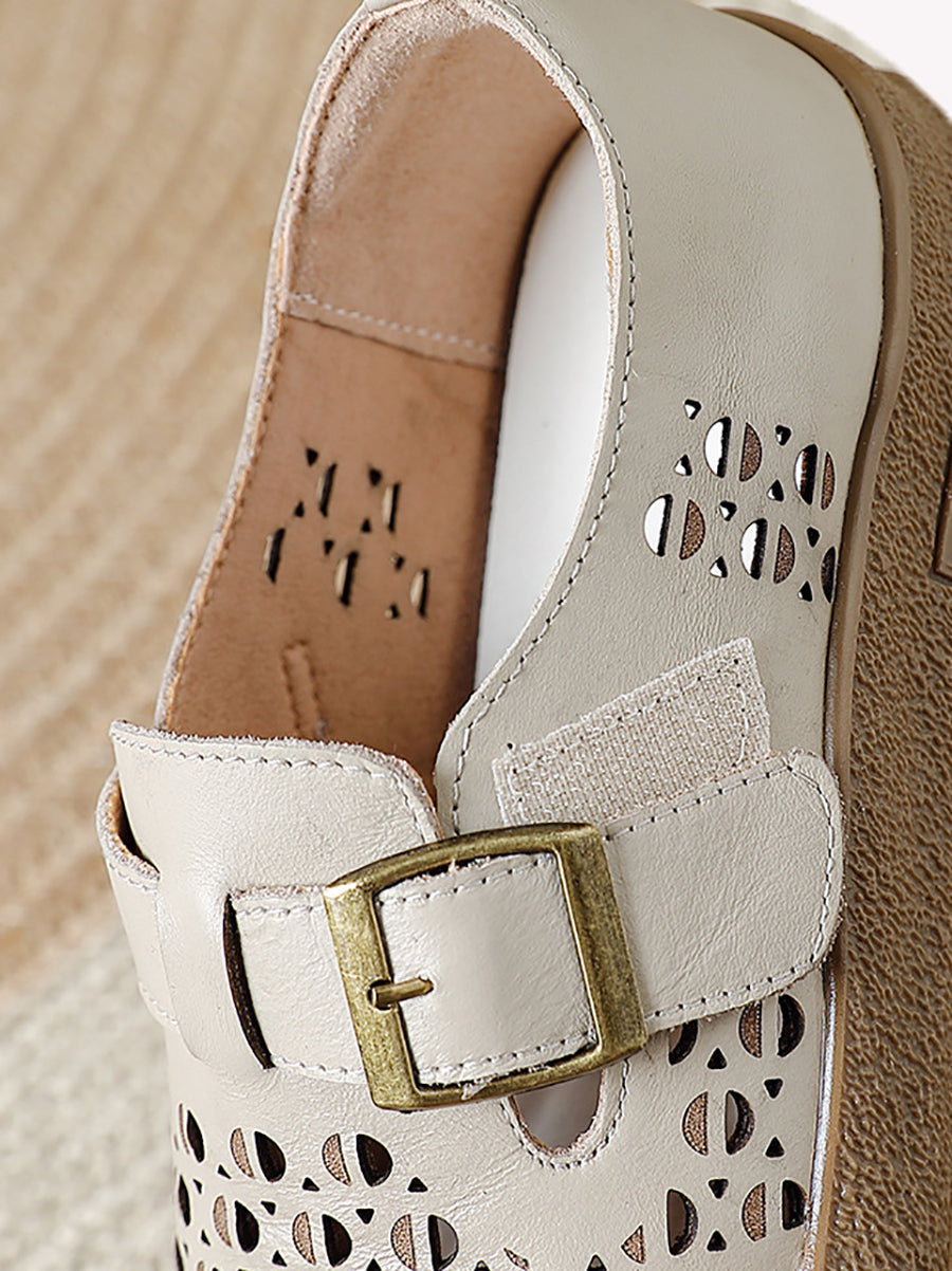 Women Summer Pure Color Leather Flat Shoes