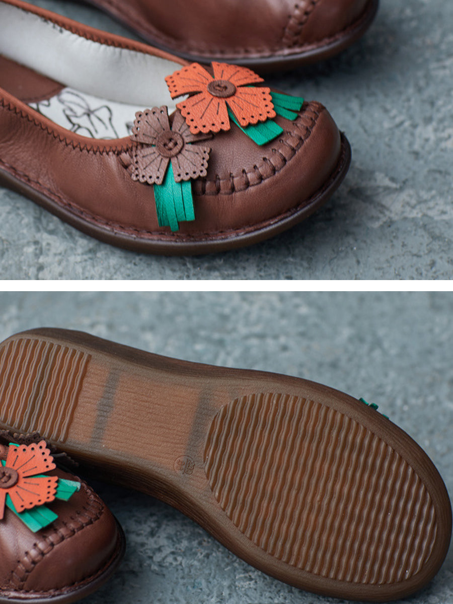 Women Spring Leather Flower Spliced Low Heel Shoes