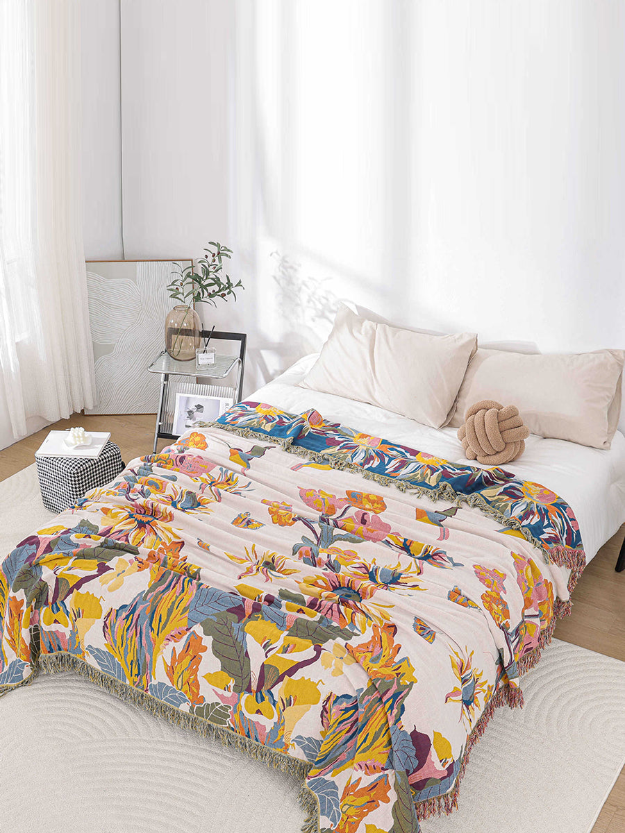 100%Cotton Flower Bedcover Tassel Sofa Blanket