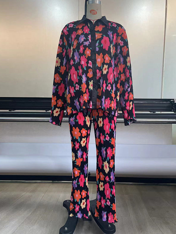 Long Sleeves Loose Buttoned Flower Print Pleated Lapel Shirts Top + Elasticity Pants Bottom Two Pieces Set