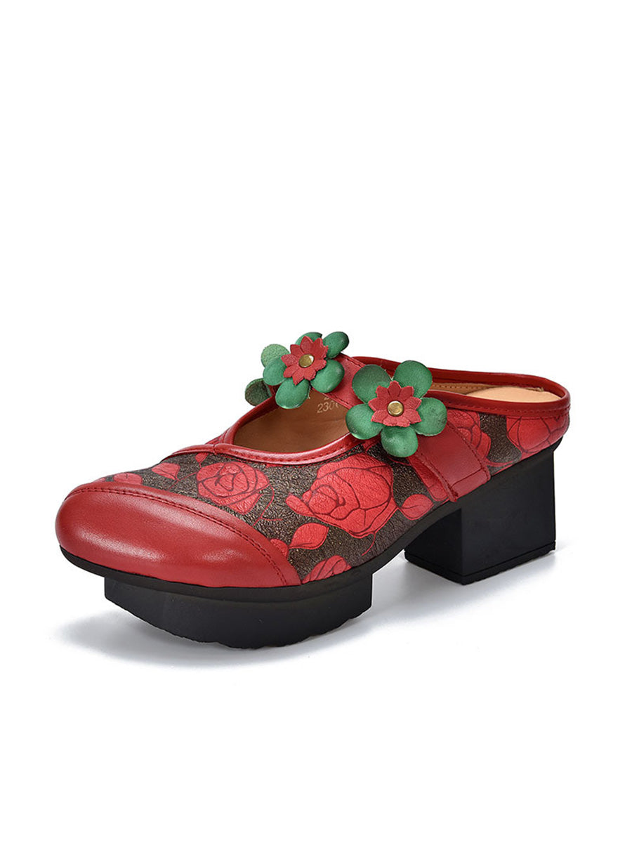 Women Fashion Flower Leather Platform Slippers