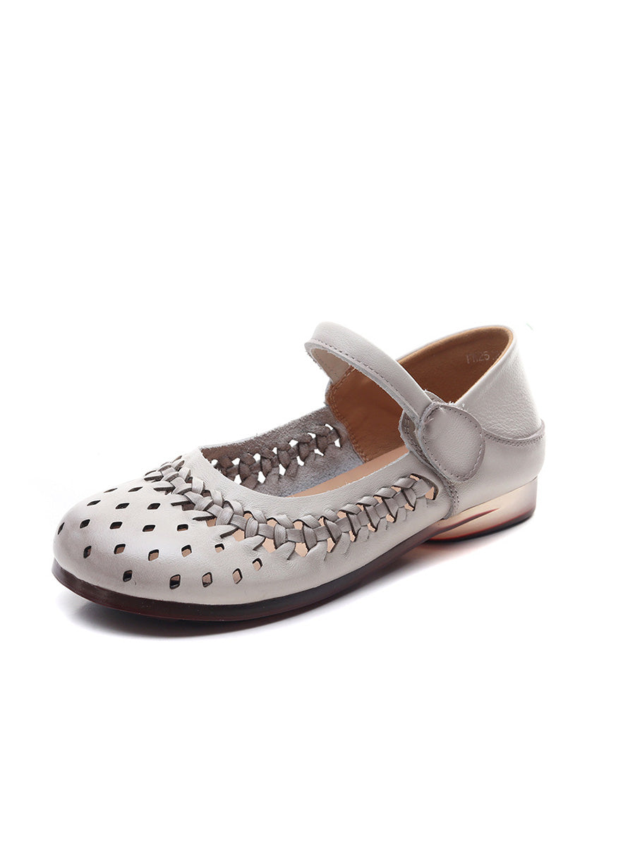 Women Vintage Leather Hollow Out Low Heel Shoes
