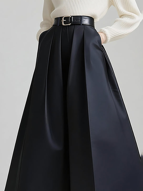 Loose Wide Leg No Belt Pleated Pockets Solid Color Flared Trousers Pants