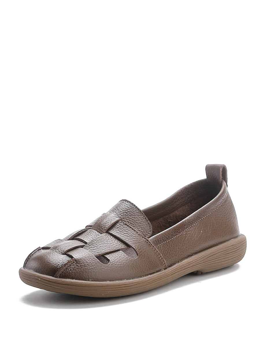 Women Summer Vintage Leather Soft Weave Flat Shoes