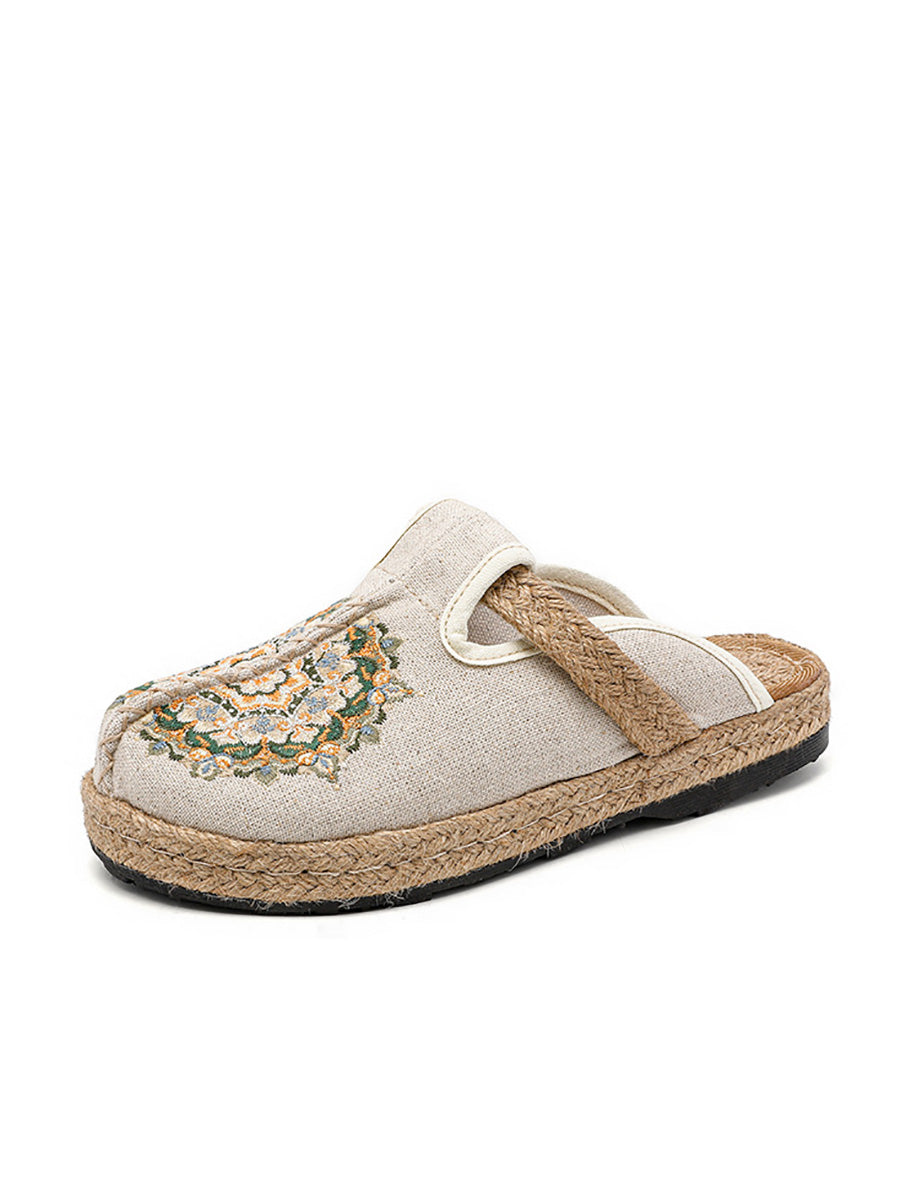 Women Summer Flower Embroidery Linen Slippers
