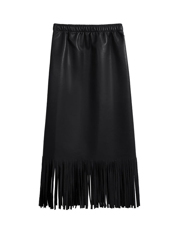 Loose Solid Color V-Neck Sleeveless Buttoned Pockets Vest Top + High Waisted Elasticity Tasseled Skirt Bottom Two Pieces Set