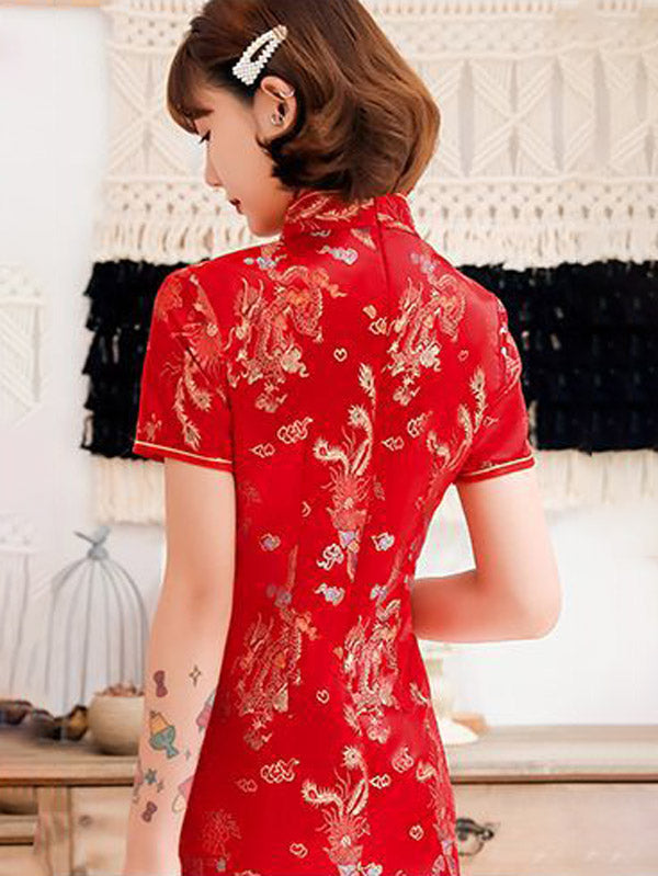 Burgundy&Red Plum Blossom Print Stand Collar Short Cheongsam