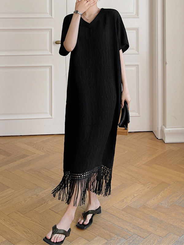Loose Short Sleeves Solid Color Split-Joint Tasseled V-Neck Midi Dresses
