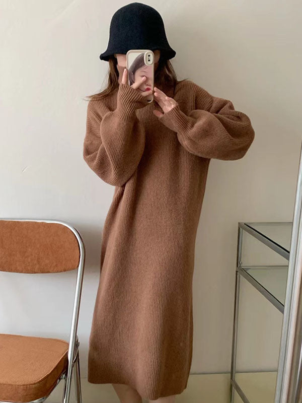 Long Sleeves Loose Solid Color High Neck Midi Dresses Sweater Dresses