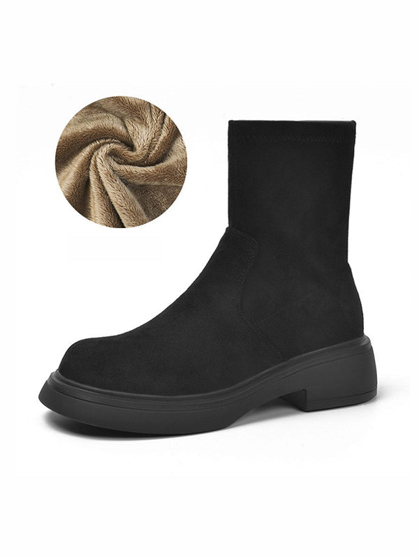 Chunky Shoes Round-Toe Split-Joint Velvet Boots