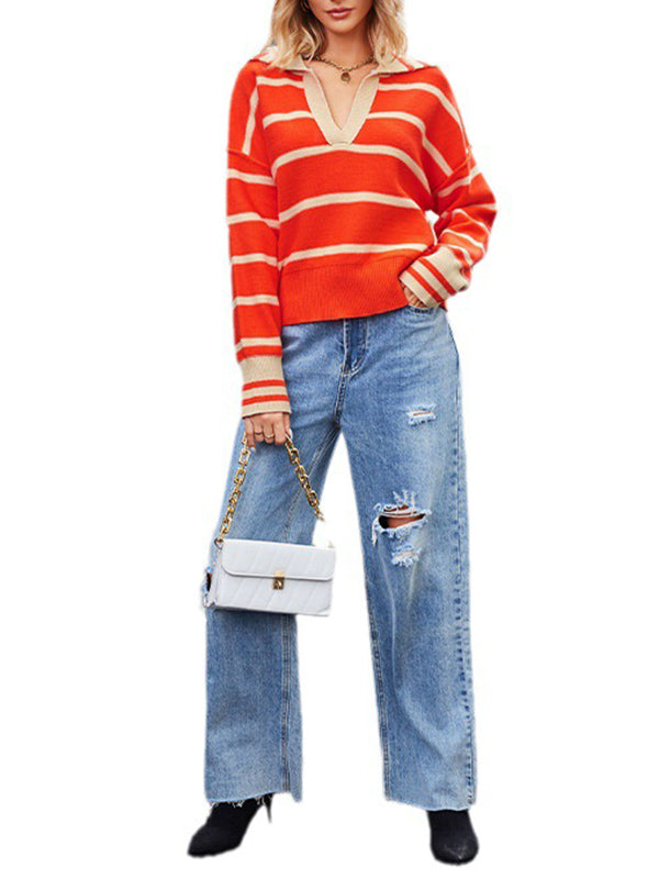 Long Sleeves Loose Contrast Color Split-Joint Striped V-Neck Pullovers Sweater Tops