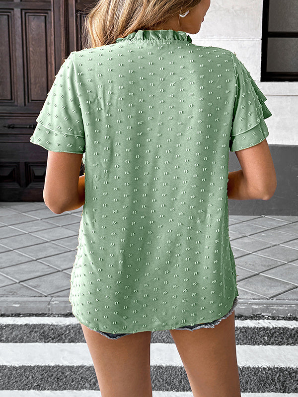 Loose Ruffle Sleeves Jacquard Pleated Solid Color V-Neck Blouses&Shirts Tops