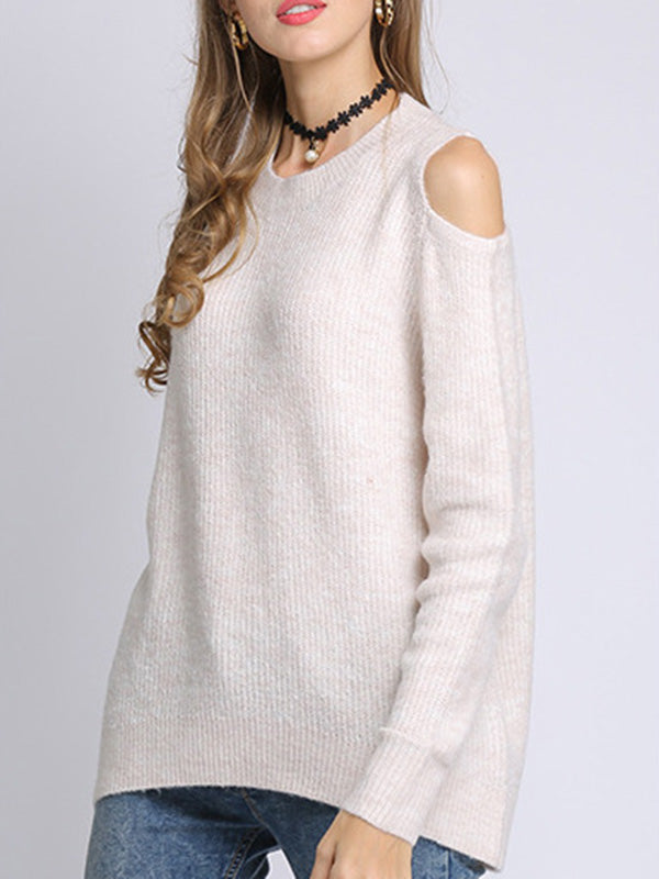 Long Sleeves Loose Hollow Solid Color Round-Neck Knitwear Pullovers Sweater Tops