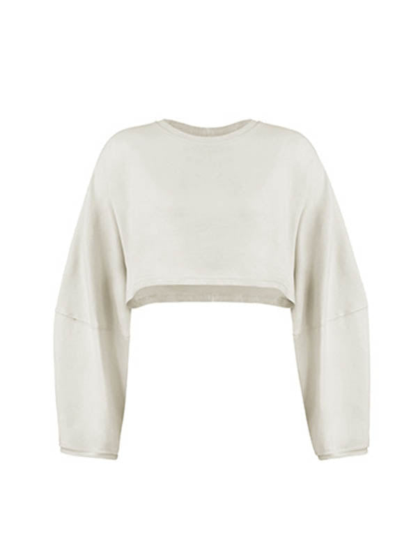 Long Sleeves Loose Solid Color Split-Joint Round-Neck Sweatshirt Tops