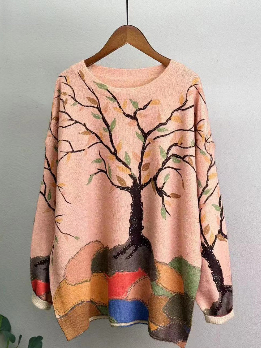 Plus Size Women Casual Winter Flower Knitted O-Neck Sweater