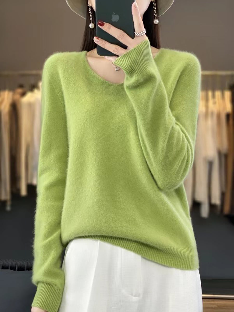 Women Autumn Pure Color V-Neck Knit Sweater