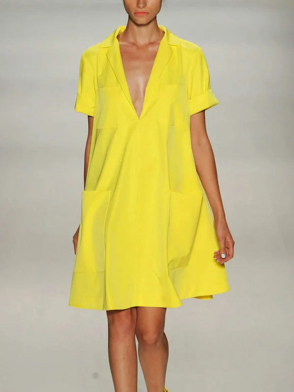 Loose Short Sleeves Pockets Solid Color Notched Collar Mini Dresses