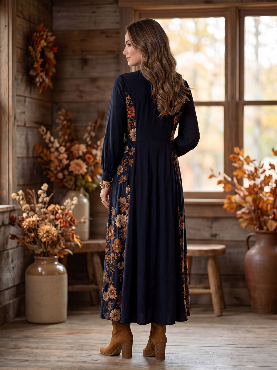 Pockets Pleated Flower Print Contrast Color Buttoned Loose Long Sleeves Round-neck Maxi Dresses