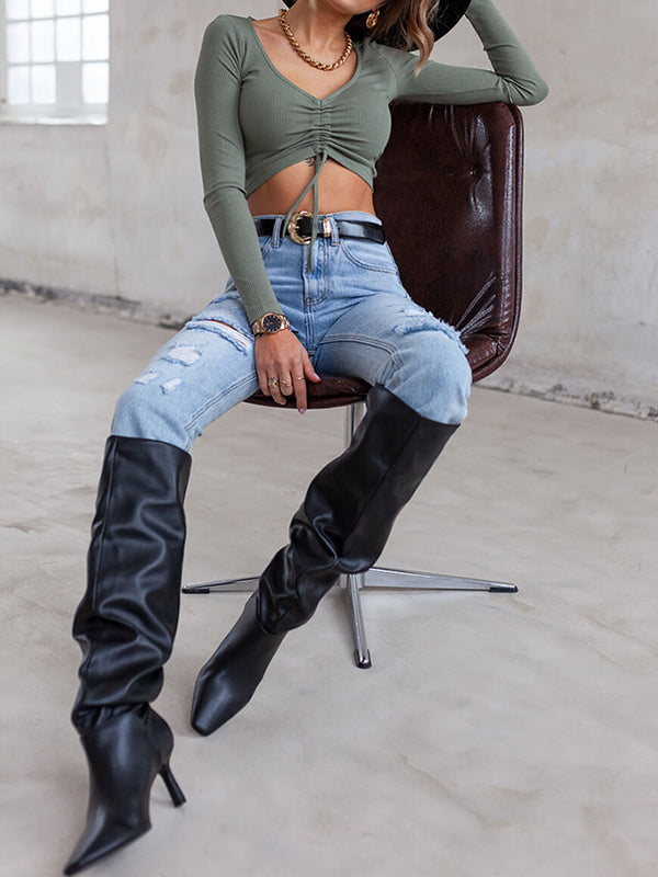 Long Sleeves Skinny Drawstring Solid Color Split-Joint V-Neck T-Shirts