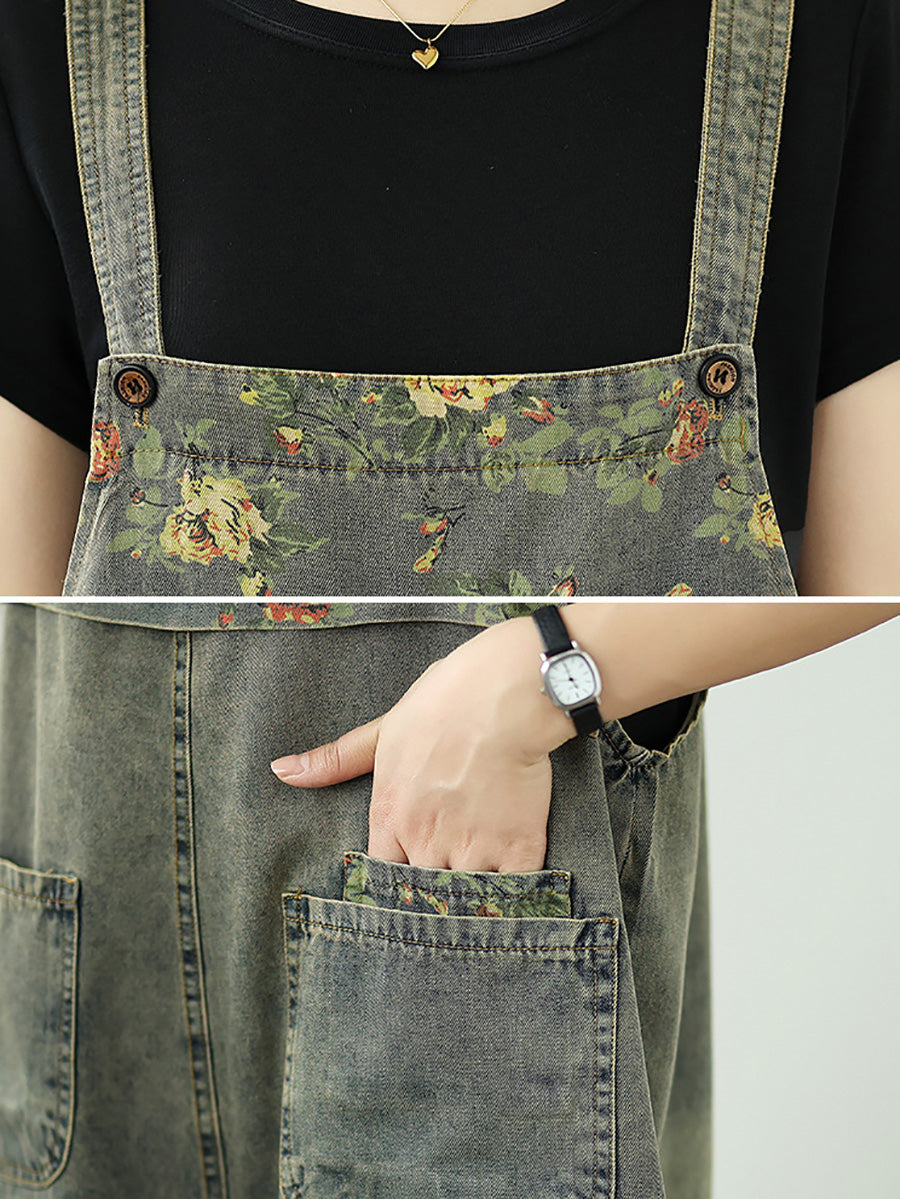 Women Summer Flower Spliced Denim Fifth Jumpsuits