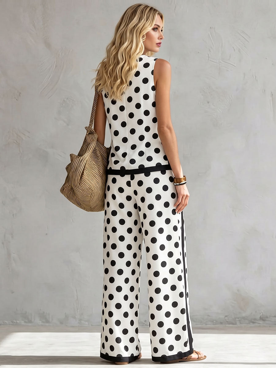 Loose Wide Leg Contrast Color Pockets Polka Dot Striped Pants Trousers