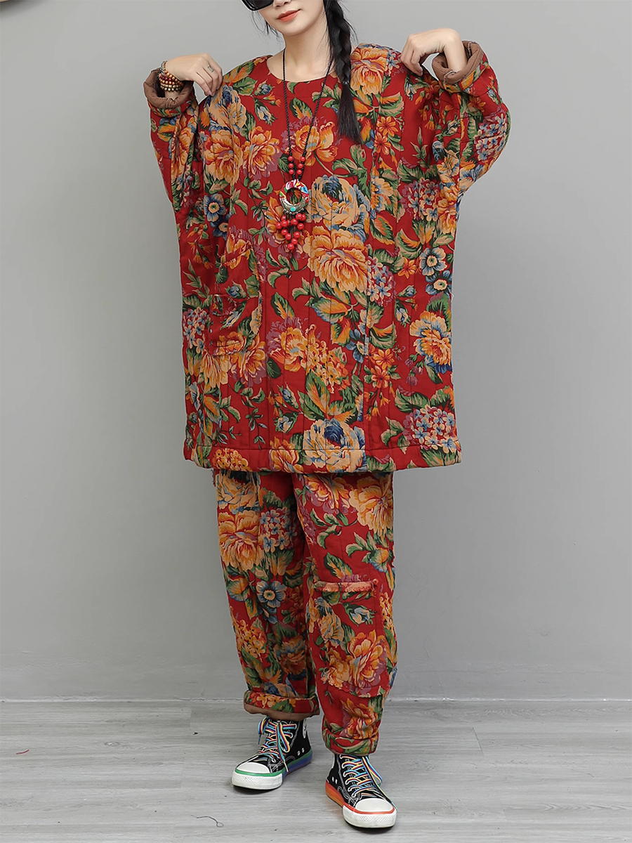 Women Vintage Winter Flower Cotton Padded Suits