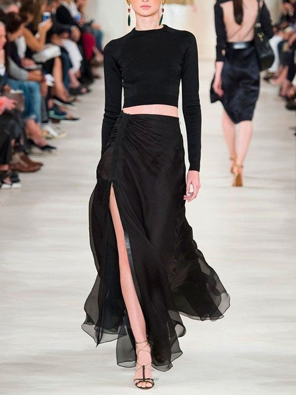 High Waisted Loose Solid Color Split-Joint Split-Side Skirts Bottoms