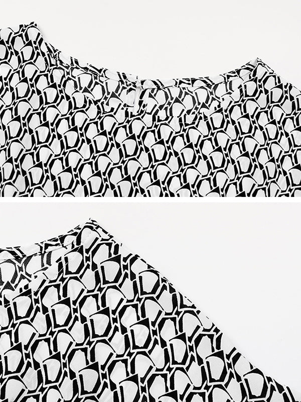 Loose Raglan Sleeve Printed Tied Waist Round-Neck Midi Dresses