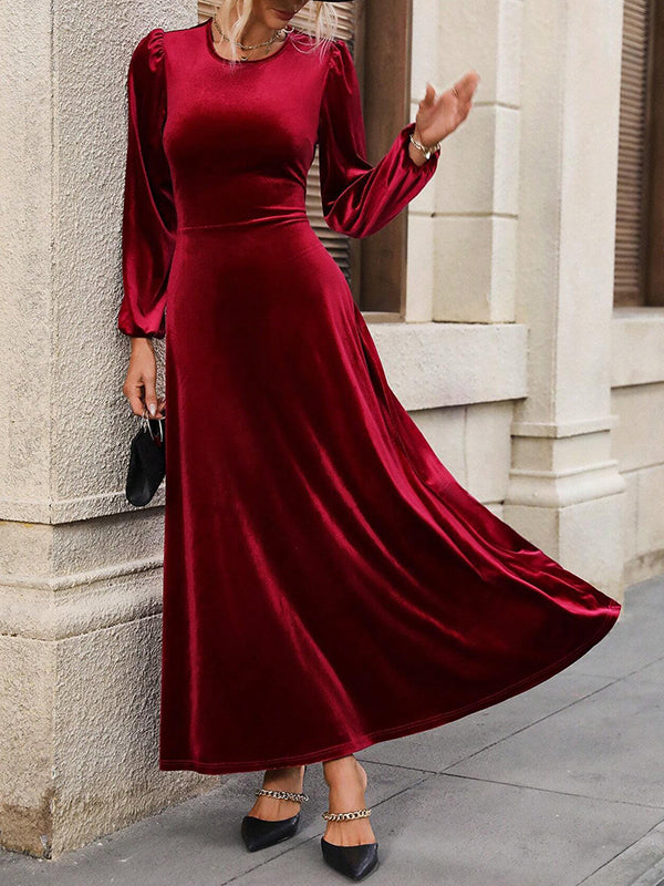 A-Line High Waisted Backless Elasticity Pleated Solid Color Tied Velvet Round-Neck Maxi Dresses