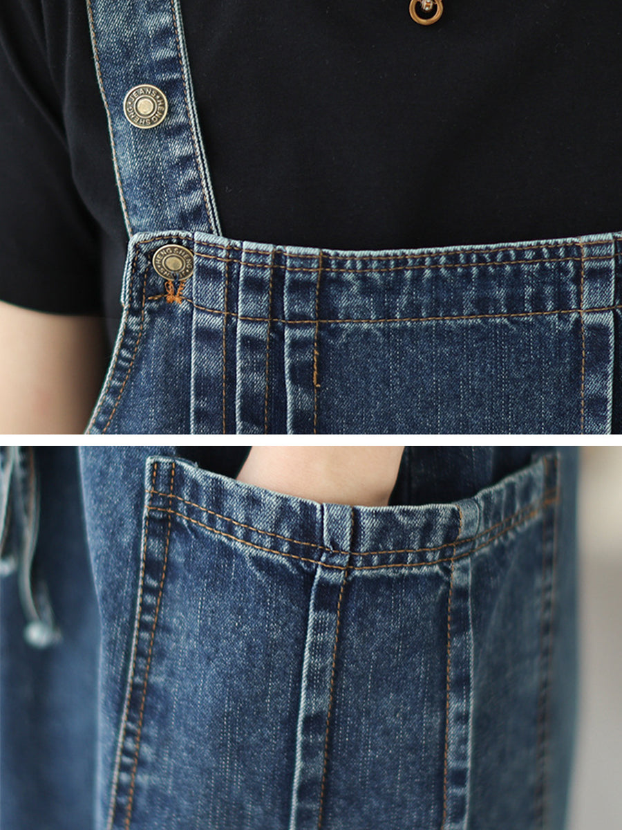 Plus Size Women Summer Retro Pleat Drawstring Pocket Denim Dress