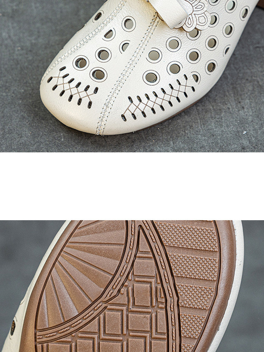 Women Summer Genuine Leather Hollow Out Mid Heel Slippers