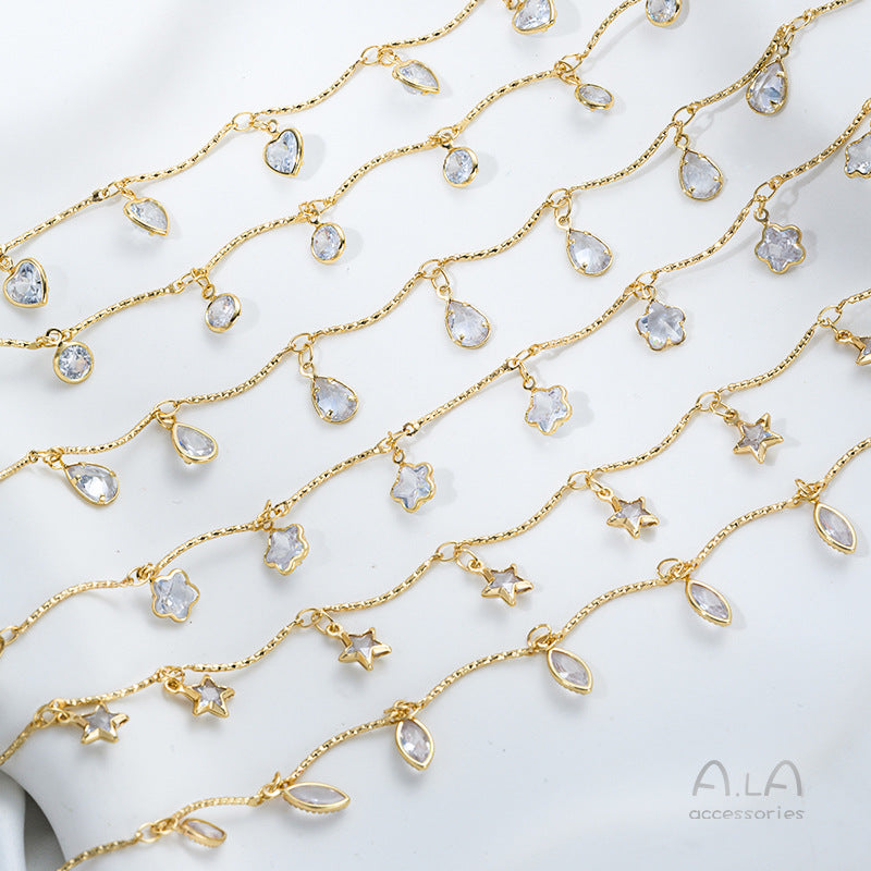 14K Real Gold Plated Chain Featuring Heart Shape And Flower Pentagon Design With Zircon Inlay In Golden
