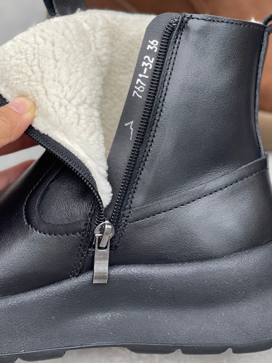 Women Vintage Genuine Leather Fleece-lined Platform Boots